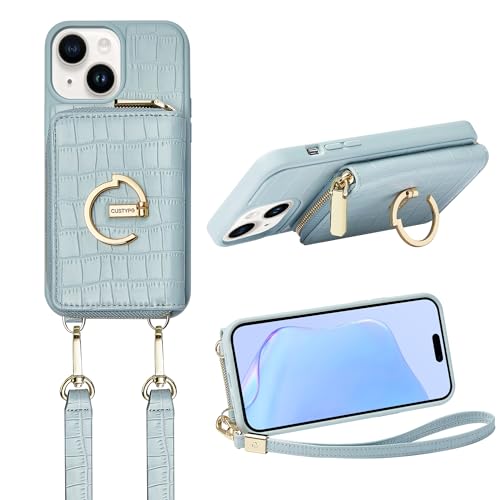 CUSTYPE Schutzhülle für iPhone, Brieftasche mit Kartenhalter für Damen, Crossbody-Reißverschluss-Hülle mit Gurt, Handgelenk, schützende Ledertasche Geldbörse mit Ring für Apple iPhone 6,1 Zoll, Blau von C CUSTYPE