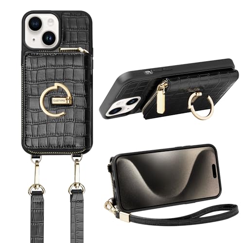 CUSTYPE Schutzhülle für iPhone 15, Brieftasche mit Kartenfach für Damen, Lederschutzhülle mit Ring, Schwarz, iPhone 15, 15,5 cm (6,1 Zoll) von C CUSTYPE