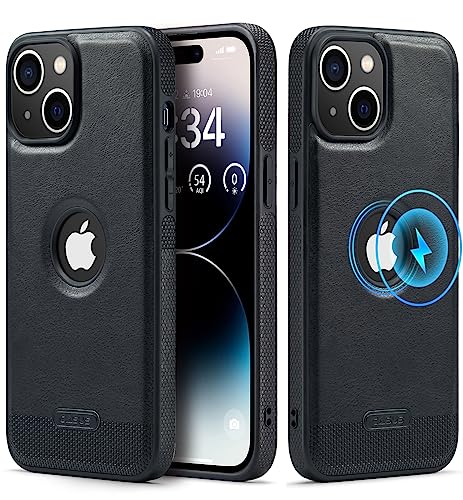 Casus Entwickelt für iPhone 13 Hülle kompatibel mit MagSafe Leder Slim Logo View Luxus Elegant Dünn Schutzhülle (2021) 6,1 Zoll - Schwarz von C Casus