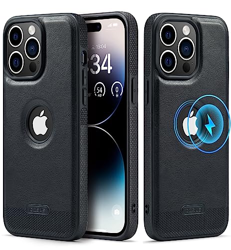 Casus Entwickelt für iPhone 14 Pro Hülle kompatibel mit MagSafe Leder Slim Logo View Luxus Elegant Dünn Schutzhülle (2022) 6,1 Zoll - Schwarz von C Casus