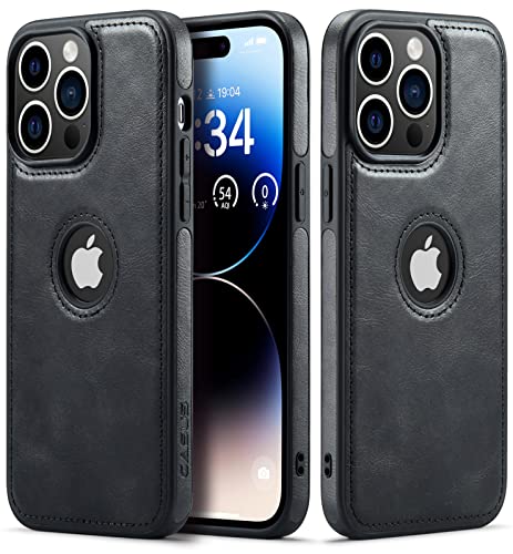 Casus Entworfen für iPhone 14 Pro Hülle Veganes Leder Slim Logo View Klassisch Luxus Elegant Dünn Schutzhülle (2022) 6,1 Zoll (Schwarz) von C Casus