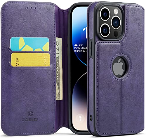 Casus Logo View Kompatibel mit iPhone 14 Pro Wallet Case Slim Kunstleder mit Kartenhalter Slot Dünne Magnetische Flip Cover (2022) 6,1 Zoll (Lila) von C Casus