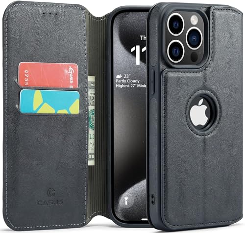 Casus Logo View Kompatibel mit iPhone 15 Pro Wallet Case Slim Kunstleder mit Kartenhalterschlitz, dünne magnetische Klapphülle (2023) 15,5 cm (6,1 Zoll) (Schwarz) von C Casus