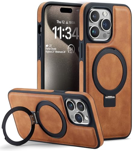 Casus entworfen für iPhone 15 Pro Max Hülle kompatibel mit MagSafe Kickstand Veganes Leder Slim Klassisch Luxus Elegant Dünn Schutzhülle (2023) 6,7 Zoll (Braun) von C Casus