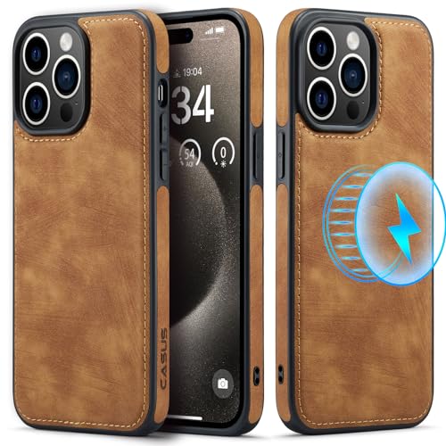 Casus entworfen für iPhone15 Pro Hülle kompatibel mit MagSafe Leder Slim Luxus Elegant Dünn Schutzhülle (2023) 6,1 Zoll - Braun von C Casus