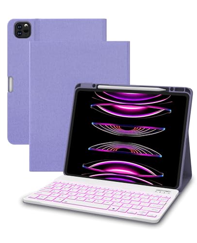 C INVERTER Tastaturhülle für iPad Pro 4./5./6. Generation 2020/2021/2022, 12,9 Zoll Hülle mit wiederaufladbarem Stifthalter, iPad-Abdeckung mit 7 Farben RGB-Hintergrundbeleuchtung, abnehmbare BT-Tastatur (lila) von C INVERTER