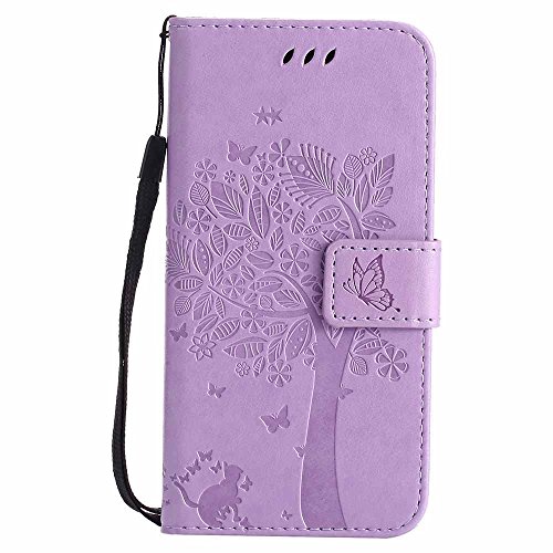 C-Super Mall-UK® Samsung galaxy S7 Hülle, Prägung Baum Katze Schmetterling Muster PU Leder Brieftasche Ständer Flip Schutzhülle für Samsung galaxy S7-Violett von C-Super Mall-UK