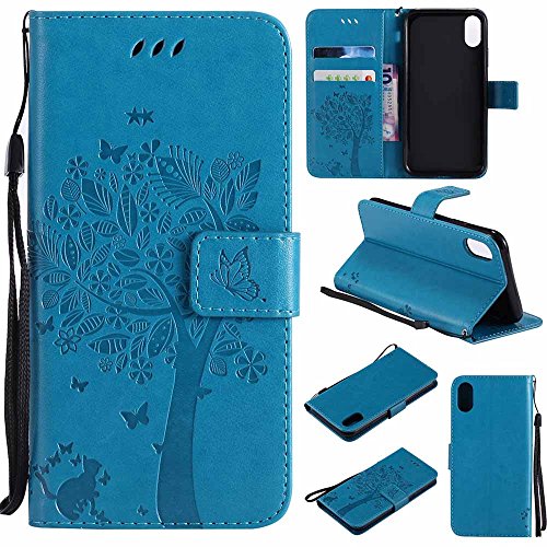 C-Super Mall-UK® iPhone X Hülle, Prägung Baum Katze Schmetterling Muster PU Leder Brieftasche Ständer Flip Schutzhülle für iPhone X-Blau von C-Super Mall-UK