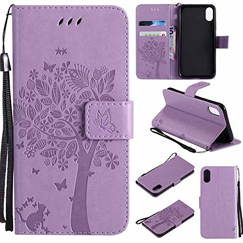 C-Super Mall-UK® iPhone X Hülle, Prägung Baum Katze Schmetterling Muster PU Leder Brieftasche Ständer Flip Schutzhülle für iPhone X-Violett von C-Super Mall-UK