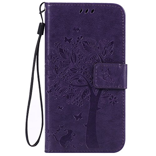 Galaxy J3/J3 2016/J3 2017 (EU Version)/J5 2017 (EU Version) Fall, geprägt Baum Katze Schmetterling Muster PU Leder Wallet Stand Flip Case, violett, Samsung Galaxy J3 von C-Super Mall-UK