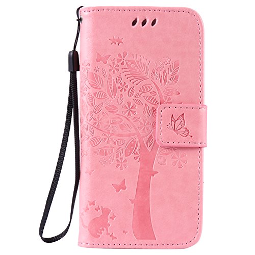 iPhone 8 Hülle, C-Super Mall-UK Prägung Baum Katze Schmetterling Muster PU Leder Brieftasche Ständer Flip Schutzhülle für Apple iPhone 8-Rosa von C-Super Mall-UK