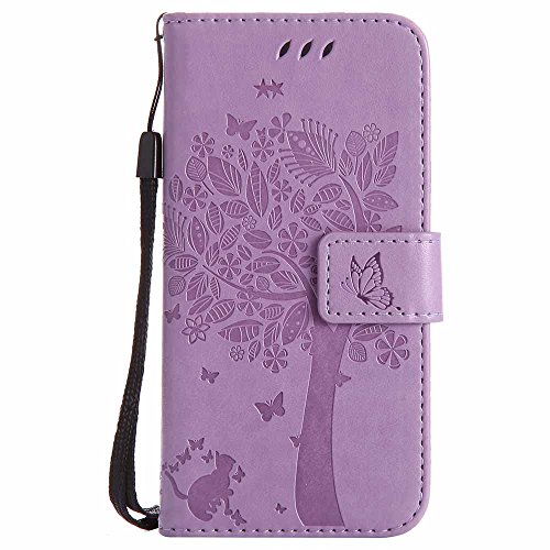 iPhone 8 Hülle, C-Super Mall-UK Prägung Baum Katze Schmetterling Muster PU Leder Brieftasche Ständer Flip Schutzhülle für Apple iPhone 8-Violett von C-Super Mall-UK