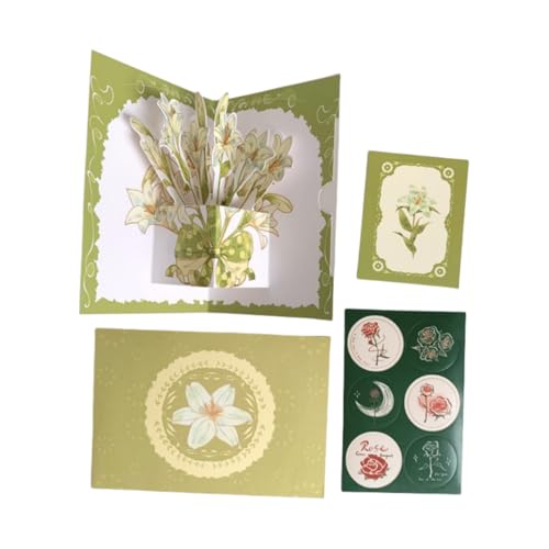 3D Pop-Up Grußkarte Aquarell Blumen - Vintage und Romantisches Design, Set mit Aufklebern und Umschlag - 15x10cm (Grüne Lilie) von C.X.Y.
