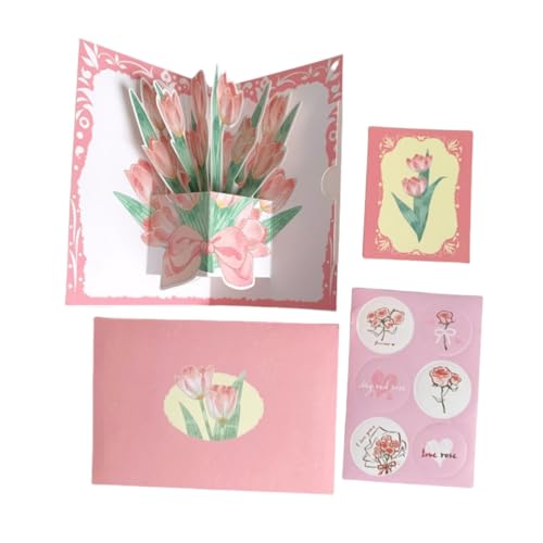 3D Pop-Up Grußkarte Aquarell Blumen - Vintage und Romantisches Design, Set mit Aufklebern und Umschlag - 15x10cm (Rosa Tulpe) von C.X.Y.