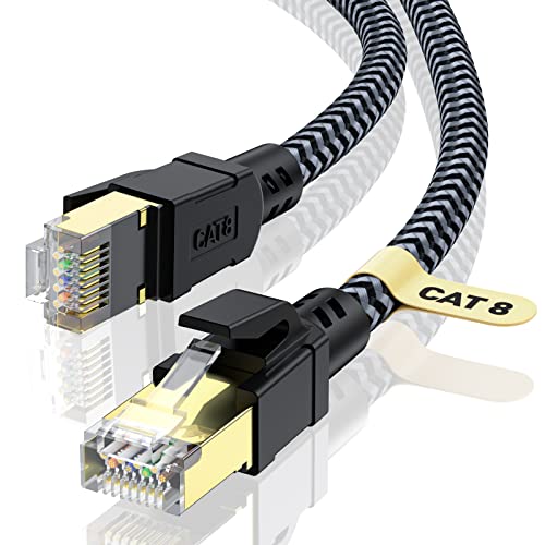 CABNEER Cat 8 Ethernet Kabel 12M, 40Gbps Netzwerkkabel Hochgeschwindigkeits 2000MHz S/FTP Ethernet Kabel, POE Gigabit RJ45 Nylon Geflochtener LAN Kabel, Patchkabel für PS5/4 Switch Router Modem TV von CABNEER