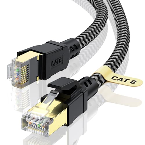 CABNEER Cat 8 Ethernet Kabel 12M, 40Gbps Netzwerkkabel Hochgeschwindigkeits 2000MHz S/FTP Ethernet Kabel, Gigabit RJ45 Nylon Geflochtener LAN Kabel, Patchkabel für PS5/4 Router Modem von CABNEER