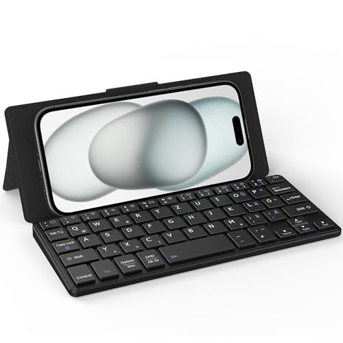 CACOE Bluetooth Tastatur mit Ständer, Mini Tastatur für Handy, Ultraflache Tragbare, Faltbare, Dual-Channel Tastatur mit Stellhalterung für Smartphone und mehr iOS Android Windows von CACOE