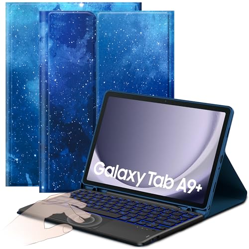 CACOE Hülle Tastatur Kompatibel mit Samsung Galaxy Tab А9+ 2023 11 Zoll Tastatur mit Touchpad, 7-Farbige Beleuchtung Abnehmbare Kabellose QWERTZ-Tastatur, Blaues Sternenmuster von CACOE