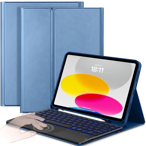 CACOE Hülle mit Tastatur für iPad 11 (A16) / 10 Generation (11Zoll / 10.9 Zoll) 2025/2022 mit Touchpad, 7-Farbige Beleuchtung Abnehmbare Kabellose Tastatur, Elektrisches Blau von CACOE