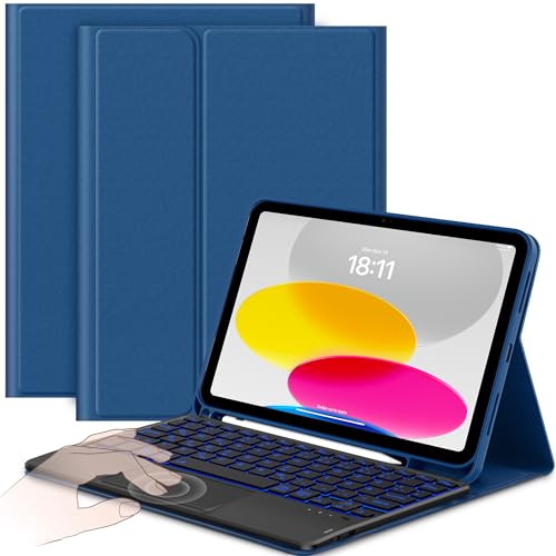 CACOE Hülle mit Tastatur für iPad 11 (A16) / 10 Generation (11Zoll / 10.9 Zoll) 2025/2022 mit Touchpad, 7-Farbige Beleuchtung Abnehmbare Kabellose Tastatur, Navy blau von CACOE