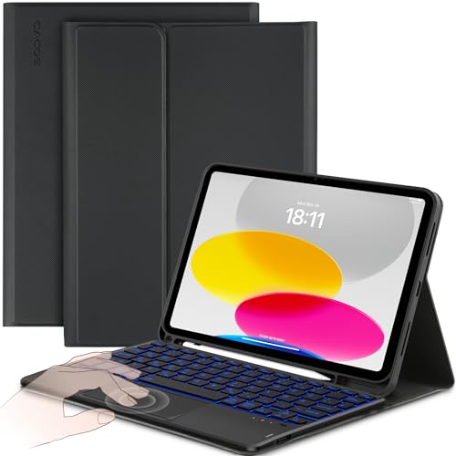 CACOE Hülle mit Tastatur für iPad 11 (A16) / 10 Generation (11Zoll / 10.9 Zoll) 2025/2022 mit Touchpad, 7-Farbige Beleuchtung Abnehmbare Kabellose Tastatur, Schwarz von CACOE