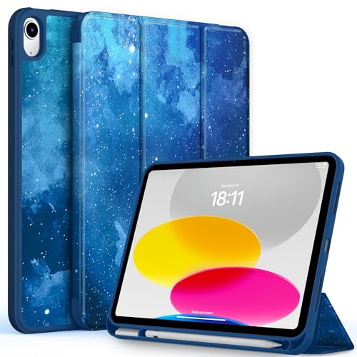 CACOE Hülle für iPad 10 Generation Hülle mit Stifthalter 10.9 Zoll 2022 A2757/A2777, Ultradünne Weicher TPU Rückseite Abdeckung Schutzhülle mit Standfunktion - Blau Sterne von CACOE