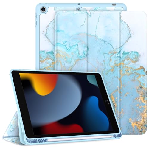 CACOE Hülle für iPad 9./8./7. Generation mit Stifthalter 10.2 Zoll Modell 2021/2020/2019, Ultradünne Schutzhülle aus TPU mit Standfunktion für iPad 10.2,Blauer Marmor von CACOE