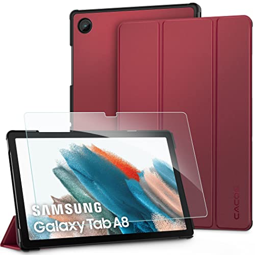 CACOE Kompatibel mit Samsung Galaxy Tab A8 10.5 2022/2021 Hülle mit Schutzfolie-Ultra Dünn mit Standfunktion Slim PU Leder Smart Schutzhülle Kompatibel Galaxy Tab A8 SM-X200/SM-X205 (Rotwein) von CACOE