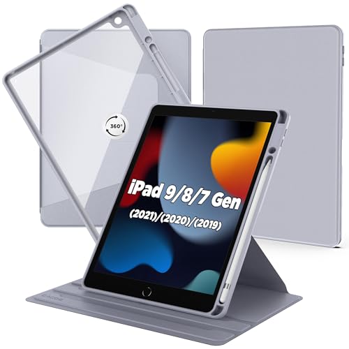 CACOE Rotierende Hülle für iPad 9 Generation / 8/7 Generation 10.2 Zoll mit Stifthalter - 360 Grad Drehung Stoßfeste Schutzhülle mit Transparenter Hartschale auf der Rückseite, Dunstgrau von CACOE