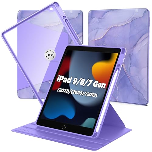 CACOE Rotierende Hülle für iPad 9 Generation / 8/7 Generation 10.2 Zoll mit Stifthalter - 360 Grad Drehung Stoßfeste Schutzhülle mit Transparenter Hartschale auf der Rückseite, Lila Marmorfarbe von CACOE