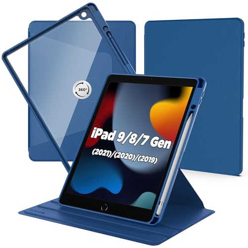 CACOE Rotierende Hülle für iPad 9 Generation / 8/7 Generation 10.2 Zoll mit Stifthalter - 360 Grad Drehung Stoßfeste Schutzhülle mit Transparenter Hartschale auf der Rückseite, Meeresblau von CACOE
