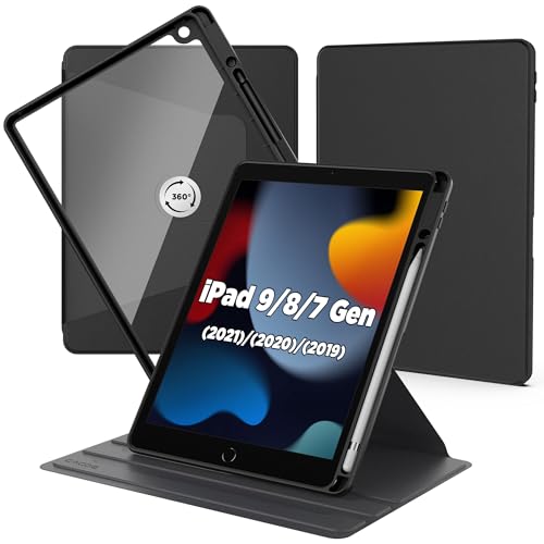 CACOE Rotierende Hülle für iPad 9 Generation / 8/7 Generation 10.2 Zoll mit Stifthalter - 360 Grad Drehung Stoßfeste Schutzhülle mit Transparenter Hartschale auf der Rückseite, Schwarz von CACOE