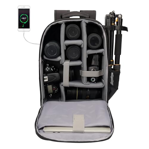 CADeN Kamerarucksack Camera Backpack Wasserabweisend Kameratasche Fototasche Kompatibel mit Sony Canon Nikon und 1 DSLR/SLR 7 Objektiv Stativ Zubehör (Schwarz-L) von CADeN