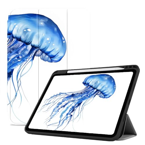 Hülle Für 12,9 Zoll Ipad Pro 6/5/4 Gen (2022/2021/2020), Pu-Leder Mit Stifthalter, Intelligente Abdeckung Mit Automatischer Schlaf-/Wachfunktion, Blaue Aquarellqualle von CAEITLRSO