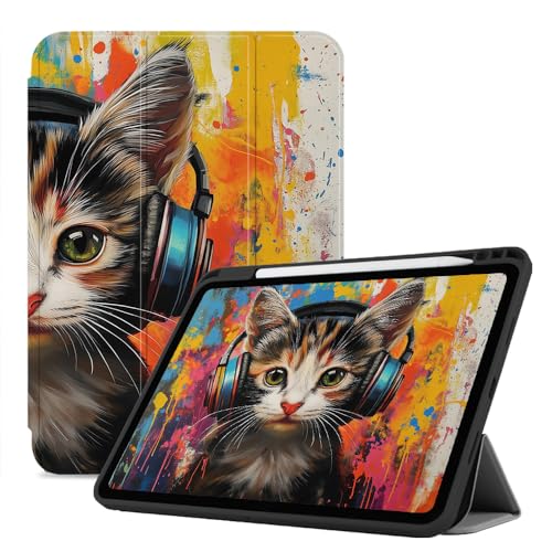 Hülle Für Ipad 10. Generation 10,9 Zoll 2022 Release Ipad 10 Gen Slim Cover Mit Auto Wake Sleep Leder, Trifold Stand Cover Mit Stifthalter - Graffiti Kopfhörer Katze von CAEITLRSO