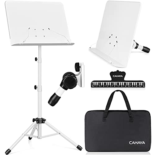 CAHAYA Notenständer Metall tragbar mit Tragetasche, Notenclip, Projektorständer, tragbarer Podiumständer, Laptopständer weiß, Höhe bis 145 cm, Modell CY0194-2 von CAHAYA