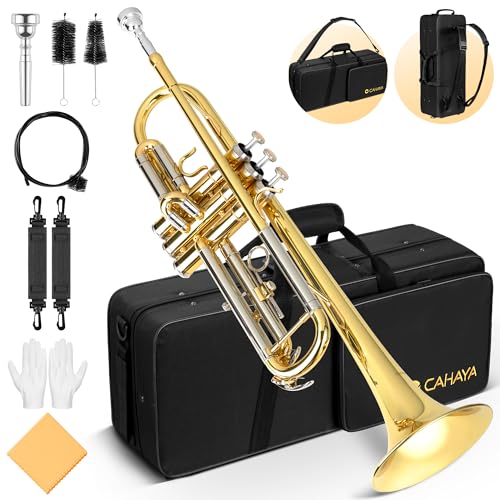 CAHAYA Standard Trompeten Set - Trompete für Anfänger und Schüler - Messingtrompete mit Hartschalenkoffer, 7C-Mundstück, Handschuhen und Reinigungsset, Golden von CAHAYA