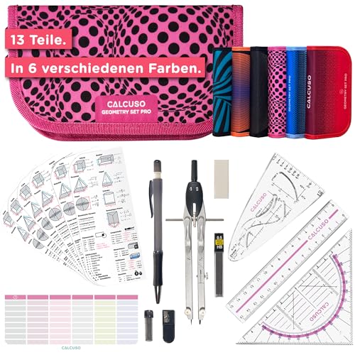 CALCUSO GEOMETRIE SET PRO in pinker Federmappe/Federmäppchen mit Zirkel und Geodreieck - Praktisches Mäppchen für Schule, Uni, Büro und Zeichnungen - Ideal als Geometrie-Set für die Schule von CALCUSO