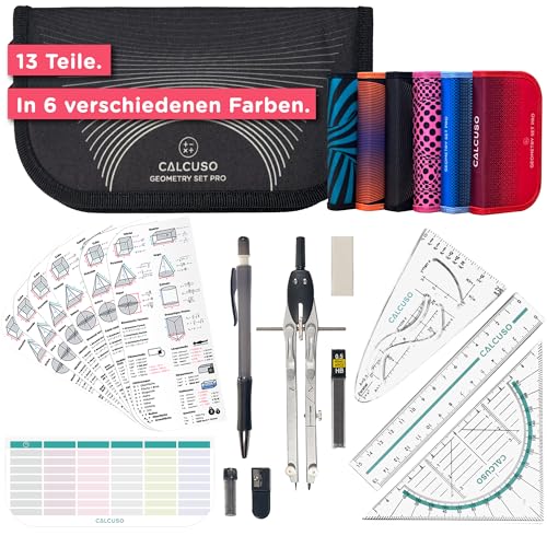 CALCUSO GEOMETRIE SET PRO in schwarzer Federmappe/Federmäppchen mit Zirkel und Geodreieck - Praktisches Mäppchen für Schule, Uni, Büro und Zeichnungen - Ideal als Geometrie-Set für die Schule von CALCUSO