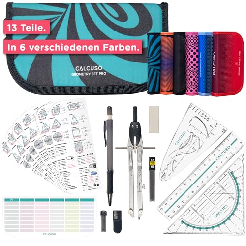 CALCUSO GEOMETRIE SET PRO in türkiser Federmappe/Federmäppchen mit Zirkel und Geodreieck - Praktisches Mäppchen für Schule, Uni, Büro und Zeichnungen - Ideal als Geometrie-Set für die Schule von CALCUSO