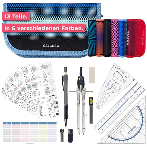 CALCUSO GEOMETRIE SET PRO in blauer Federmappe/Federmäppchen mit Zirkel und Geodreieck - Praktisches Mäppchen für Schule, Uni, Büro und Zeichnungen - Ideal als Geometrie-Set für die Schule von CALCUSO