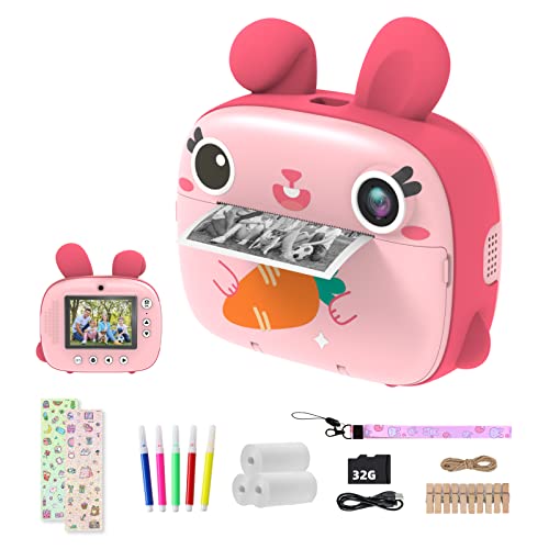 Kinderkamera Sofortbildkamera, CAMCLID Kamera Kinder mit 3 Rollen Thermopapier & 32G SD Karte,DigitalKamera & VideoKamera mit 2,4" Bildschirm,Fotokamera Sofortbilder Geschenk für Mädchen Jungen (Rosa) von CAMCLID