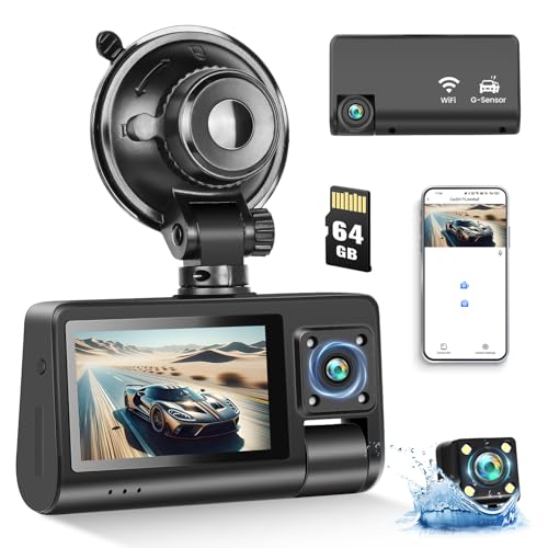 1080P Dashcam Vorne Hinten und Innen 3 Lens Autokamera Mit 64G Karte, 5 Zoll Autokamera mit WiFi & APP, Parküberwachung, Infrarot Nachtsicht, G-Sensor, Loop-Aufnahme, Wasserdicht von CAMECHO