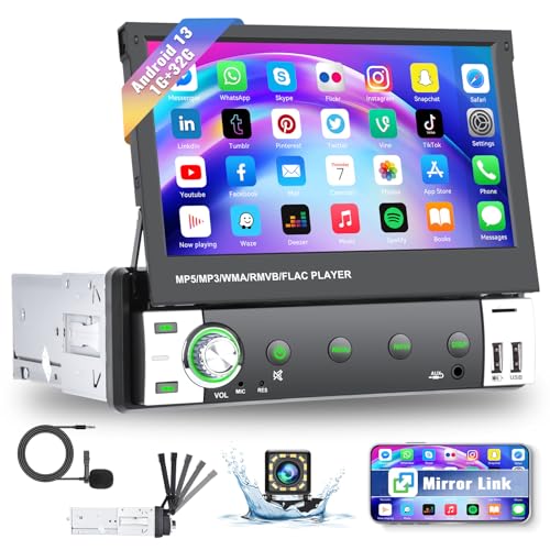 1G+32G 1 Din Android 13 Autoradio, CAMECHO 7 Zoll Flip Out Bildschirm Bluetooth Autoradio mit Mirror Link WiFi Sat NAV GPS SWC FM RDS USB +Rückfahrkamera+MIC von CAMECHO