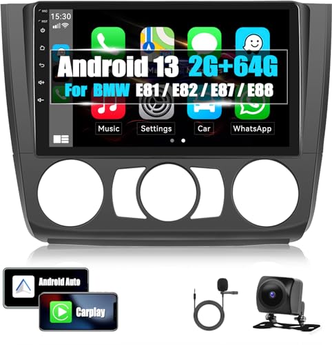2G+32G CAMECHO Android 12 Autoradio für BMW 1 Serie E87 E81 E82 E88,9-Zoll Auto Radio Touch Display mit Carplay Android Auto Wireless/HiFi/Navi/Bluetooh/RDS FM+Rückfahrkamera (Manuelle AC) von CAMECHO