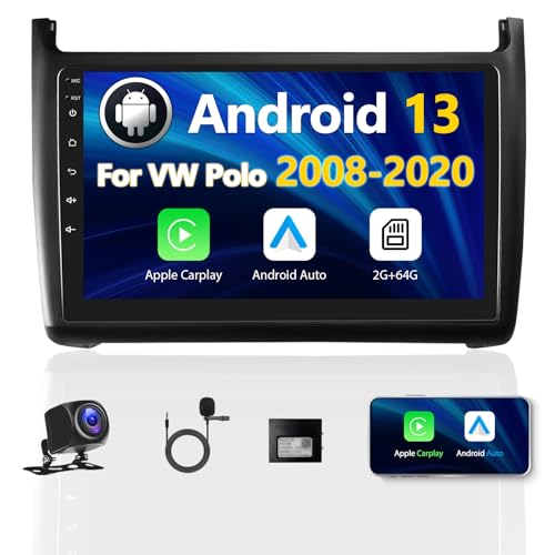 2G+64G Android 13 Autoradio für VW Polo 6R 6C 9N 2008-2020 mit Wireless Carplay Android Auto, 9'' Touchscreen Doppel Din Radio mit GPS Navi WiFi Bluetooth FM/RDS SWC AHD Rückfahrkamera CANBUS von CAMECHO