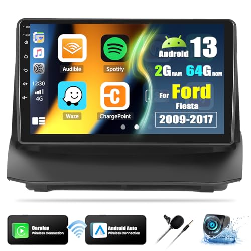 2G+64G Android 13 Carplay Stereo für Ford Fiesta 2009-2017, 9 Zoll Bildschirm Doppel Din Autoradio mit Android Auto, Unterstützung Bluetooth GPS Navi WiFi FM/RDS Radio Mirror Link SWC+Rückfahrkamera von CAMECHO