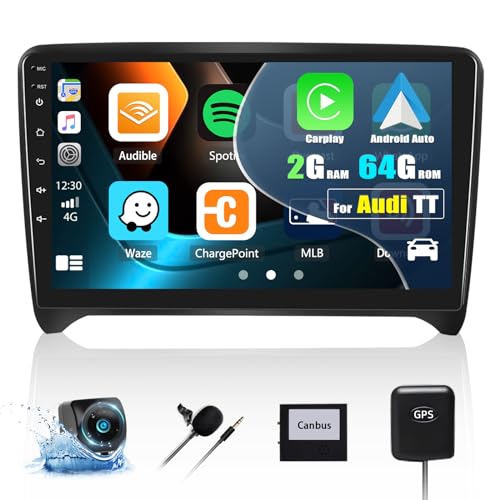 2G+64G CAMECHO 2 Din Android 13 Autoradio für Audi TT 8J MK2 2004-2018 mit Wireless Apple Carplay Android Auto, 9'' Auto Radio Touch Display mit Bluetooth GPS WiFi FM/RDS Hi-FI SWC+AHD Rückfahrkamera von CAMECHO