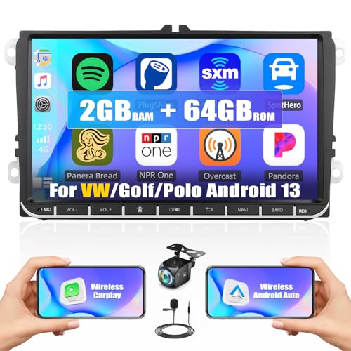 [2G+64G] Carplay Android Autoradio 2 Din für VW Golf Polo Passat Jatta Touran Tiguan Seat mit Android Auto, 9 Zoll Auto Radio Bildschirm mit GPS WIFI Bluetooth FM/RDS Mirror Link EQ SWC+Rückfahrkamera von CAMECHO