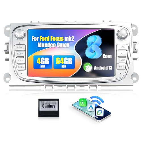 [8-Core] 4+64G CAMECHO Android 13 Autoradio für Ford Focus mk2 Mondeo Cmax Galaxy Smax Kuga mit Carplay/Android Auto,7 Zoll Touchscreen mit GPS WiFi Bluetooth 5.0 FM RDS Radio+32 Band EQ(Silber) von CAMECHO